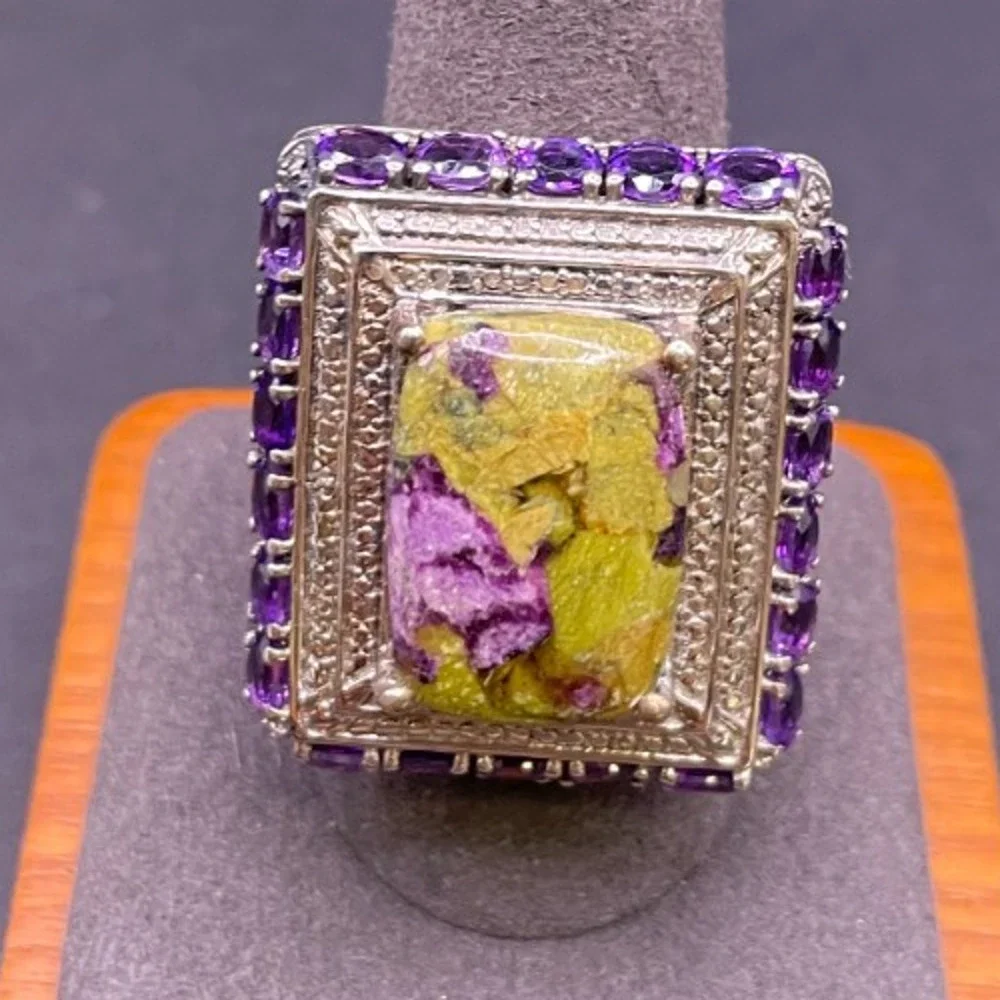 Vtg 925 Sterling Silver Stichtite Atlantasite Amethyst Halo Statement Ring Sz 10